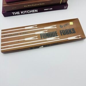 Vintage HIC 6 Piece Stainless‎ Steel Fondue Forks Wood Handle Color Tips Box